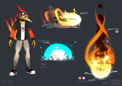 Size: 3507x2480 | Tagged: safe, artist:l-tech-e-coyote-l, oc, oc only, oc:owen gawdolin, bird, fictional species, phoenix, anthro, cerium, feathers, fireball, goggles, goggles on head, gray background, high res, male, periodic table, simple background, solo, solo male, tail