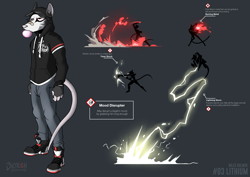 Size: 3507x2480 | Tagged: safe, artist:l-tech-e-coyote-l, oc, oc only, oc:niles bulwid, mammal, marsupial, opossum, anthro, bandage, bubblegum, clothes, fire, gray background, high res, jacket, lightning, lithium, male, periodic table, reference sheet, simple background, solo, solo male, tail, topwear