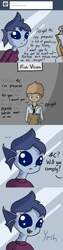 Size: 792x3168 | Tagged: safe, artist:tjpones, oc, oc:4c (tjpones), fish, human, mammal, anthro, ..., ask, blue eyes, clipboard, clothes, comic, dialogue, duo, female, gills, hair, holding object, looking down, male, necktie, open mouth, sharp teeth, shirt, smiling, talking, teeth, text, the monster girl deterrence facility, topwear