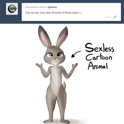 Size: 1280x1280 | Tagged: safe, artist:tjpones, judy hopps (zootopia), lagomorph, mammal, rabbit, anthro, plantigrade anthro, disney, zootopia, 2016, ask, chest fluff, featureless crotch, female, fluff, looking at you, nudity, purple eyes, sexless, shrug, simple background, solo, solo female, tail, text, white background