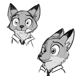 Size: 792x792 | Tagged: safe, artist:tjpones, nick wilde (zootopia), canine, fox, mammal, red fox, anthro, disney, zootopia, cheek fluff, clothes, ear fluff, fluff, grayscale, looking at you, male, monochrome, necktie, shirt, simple background, sketch, smiling, solo, solo male, topwear, white background