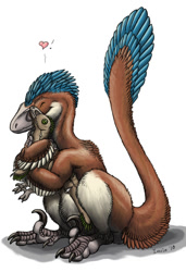 Size: 680x992 | Tagged: safe, artist:ixerin, oc, oc:ixerin (ixerin), deinonychus, dinosaur, raptor, theropod, utahraptor, feral, 2010, ambiguous gender, brown body, claws, cream body, cuddling, duo, eyes closed, feathers, hug, male, plushie, signature, simple background, tail, talons, toy, white background