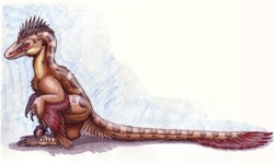 Size: 1099x661 | Tagged: safe, artist:ixerin, oc, oc:echrei, dinosaur, raptor, theropod, utahraptor, feral, 2008, male, solo, solo male
