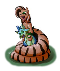 Size: 998x1177 | Tagged: safe, artist:gyrotech, artist:silent_e, edit, oc, oc:luvashi, oc:xolani, avali, equine, fictional species, hybrid, mammal, reptile, snake, zebra, feral, lamia, semi-anthro, comic:tired of the ranger, blue feathers, brown scales, coiling, color edit, comic, duo, feathers, female, green feathers, open mouth, scales, zebra snake