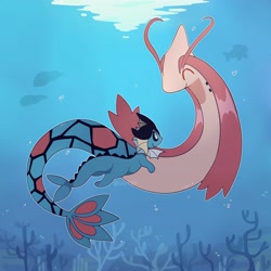 Size: 4000x4000 | Tagged: safe, artist:verfyhi, eeveelution, fictional species, fish, mammal, milotic, reptile, snake, vaporeon, feral, nintendo, pokémon, 2021, absurd resolution, ambient wildlife, ambiguous gender, digital art, duo, duo ambiguous, multicolored body, smiling, swimming, underwater, water