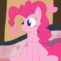 Size: 1378x1378 | Tagged: safe, artist:tiga52080175, pinkie pie (mlp), earth pony, equine, fictional species, mammal, pony, feral, friendship is magic, hasbro, my little pony, 2021, female, hair, heart, mane, mare, pink hair, pink mane, pink tail, sitting, smiling, solo, solo female, tail