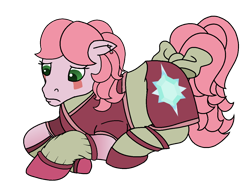 Size: 1270x931 | Tagged: safe, artist:muhammad yunus, aelita (code lyoko), earth pony, equine, fictional species, mammal, pony, feral, code lyoko, hasbro, my little pony, my little pony (g1), spoiler:code lyoko 'n friends (season 1), base used, bow, clothes, crossover, cutie mark, ear piercing, female, feralized, floppy ears, furrified, green eyes, hair, lying down, mare, piercing, pink body, pink hair, ponified, prone, sad, simple background, solo, solo female, species swap, tail, tail bow, transparent background