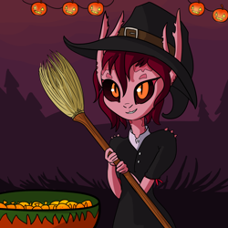 Size: 1280x1280 | Tagged: safe, artist:tjpones, oc, oc only, alien, fictional species, humanoid, broom, candy, clothes, colored sclera, dress, female, food, grin, halloween, hat, holding object, holiday, horns, jack-o-lantern, lamlite, orange eyes, outdoors, pumpkin, sharp teeth, slit pupils, solo, solo female, spikes, teeth, tree, twilight, witch hat