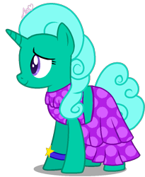 Size: 731x893 | Tagged: safe, artist:muhammad yunus, glitter drops (mlp), equine, fictional species, mammal, pony, unicorn, feral, friendship is magic, hasbro, my little pony, alternate hairstyle, base used, clothes, female, green body, green hair, hair, mare, medibang paint, purple eyes, simple background, smiling, solo, solo female, stars, transparent background, watch