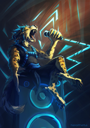 Size: 1055x1500 | Tagged: safe, artist:neotheta, charr, feline, fictional species, mammal, anthro, guild wars, clothes, eyes closed, female, microphone, solo, solo female, speaker