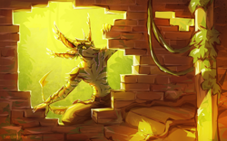 Size: 1920x1200 | Tagged: safe, artist:neotheta, ambiguous species, reptile, anthro, 8:5, hole, male, ruins, scenery, vine