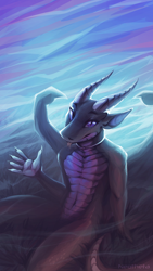 Size: 1080x1920 | Tagged: safe, artist:neotheta, dragon, fictional species, reptile, scaled dragon, anthro, abstract background, horns, male, solo, solo male