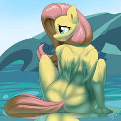 Size: 1800x1800 | Tagged: suggestive, artist:burgerkiss, fluttershy (mlp), equine, fictional species, mammal, pegasus, pony, anthro, friendship is magic, hasbro, my little pony, 2016, anthrofied, butt, digital art, female, fur, hair, nudity, one eye closed, outdoors, rear view, sitting, solo, solo female, tail, thighs, wide hips, wings