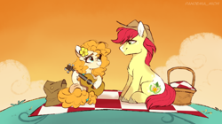 Size: 1920x1078 | Tagged: safe, artist:moshiitomo, bright mac (mlp), pear butter (mlp), earth pony, equine, fictional species, mammal, pony, feral, cc by-nc-nd, creative commons, friendship is magic, hasbro, my little pony, 2021, acoustic guitar, bag, basket, clothes, cloud, duo, female, grass, guitar, hat, looking at each other, male, male/female, mare, musical instrument, picnic, picnic blanket, shipping, sitting, smiling, stallion, stetson, tail