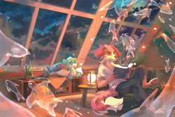 Size: 1280x861 | Tagged: safe, artist:0umbrella, artist:cordi, collaboration, canine, cetacean, dog, fish, mammal, reptile, turtle, whale, anthro, feral, book, clothes, group, lantern, paw pads, paws, plushie, reading, room, scenery, solo focus, speaker, spirit, underpaw