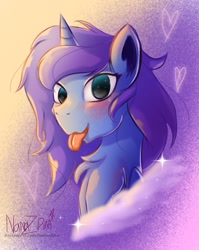 Size: 1366x1714 | Tagged: safe, artist:nanazdina_art, princess luna (mlp), alicorn, equine, fictional species, mammal, pony, feral, friendship is magic, hasbro, my little pony, 2021, blep, blushing, female, horn, mare, signature, solo, solo female, sparkly eyes, tongue, tongue out, wingding eyes