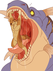 Size: 792x1066 | Tagged: suggestive, artist:imperatorcaesar, canine, dragon, fictional species, mammal, reptile, scaled dragon, wolf, anthro, feral, bust, duo, male, mawplay, mawshot, micro, open mouth, oral vore, saliva, size difference, tongue, tongue out, vore