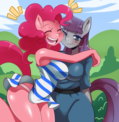 Size: 1523x1563 | Tagged: suggestive, artist:ss2sonic, maud pie (mlp), pinkie pie (mlp), earth pony, equine, fictional species, mammal, pony, anthro, friendship is magic, hasbro, my little pony, anthrofied, blank flank, blue eyes, blushing, bottomless, bottomwear, breasts, clothes, curvy, dress, female, females only, hug, nudity, panties, partial nudity, short dress, siblings, sideass, sister, sisters, skirt, smiling, thighs, thunder thighs, underwear, upskirt, when she smiles