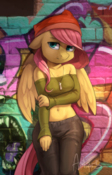 Size: 1729x2706 | Tagged: safe, artist:audrarius, fluttershy (mlp), equine, fictional species, mammal, pegasus, pony, anthro, friendship is magic, hasbro, my little pony, anthrofied, beanie, belly button, bottomwear, breasts, clothes, feathered wings, feathers, female, floppy ears, fur, graffiti, green eyes, hair, hat, high res, jewelry, looking at you, midriff, necklace, pants, pink hair, pink tail, signature, solo, solo female, sweater, tail, topwear, wings, yellow body, yellow feathers, yellow fur