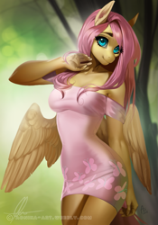 Size: 629x900 | Tagged: safe, artist:aonikaart, fluttershy (mlp), equine, fictional species, mammal, pony, anthro, friendship is magic, hasbro, my little pony, 2018, anthrofied, blurred background, breasts, clothes, cute, dress, eyebrows, eyelashes, feathered wings, feathers, female, fur, hair, looking at you, mane, pink hair, pink mane, pink tail, signature, smiling, solo, solo female, tail, text, tree, wings, yellow body, yellow feathers, yellow fur