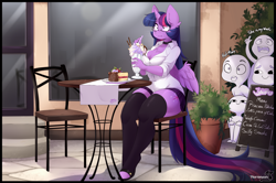 Size: 4146x2748 | Tagged: safe, artist:teranen, twilight sparkle (mlp), alicorn, equine, fictional species, human, mammal, pony, anthro, unguligrade anthro, friendship is magic, hasbro, my little pony, 2019, anthrofied, big breasts, blue hair, blue tail, bottomwear, breasts, cake, chair, chest fluff, choker, cleavage, cleavage fluff, clothes, cup, cutie mark, dialogue, ear fluff, english text, eyelashes, feathered wings, feathers, female, flower pot, fluff, food, fur, glasses, hair, high res, holding, hooves, horn, ice cream, legwear, long tail, mare, milkshake, multicolored hair, multicolored tail, open mouth, outdoors, pink hair, pink tail, plant, pleated skirt, potted plant, purple body, purple eyes, purple feathers, purple fur, purple hair, purple tail, shirt, sitting, skirt, smiling, socks, stockings, straw, table, tail, talking, text, thigh highs, thunder thighs, tongue, tongue out, topwear, voyeurism, window, wings, zettai ryouiki