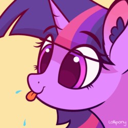 Size: 800x800 | Tagged: safe, artist:lollipony, part of a set, twilight sparkle (mlp), equine, fictional species, mammal, pony, ambiguous form, friendship is magic, hasbro, my little pony, 2d, 2d animation, animated, blowing raspberry, blue hair, bust, cute, ear fluff, eye through hair, eyelashes, female, fluff, fur, gif, hair, mare, multicolored hair, pink hair, portrait, purple body, purple eyes, purple fur, purple hair, silly, simple background, solo, solo female, text, tongue, tongue out, yellow background