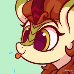 Size: 500x500 | Tagged: safe, artist:lollipony, part of a set, autumn blaze (mlp), equine, fictional species, kirin, mammal, ambiguous form, friendship is magic, hasbro, my little pony, 2d, 2d animation, animated, bust, commission, cute, ear fluff, eye shimmer, eyebrows, eyelashes, female, fluff, fur, gif, green background, green body, green fur, hair, horn, low res, mare, orange hair, quadrupedal, raspberry, signature, silly, simple background, smiling, solo, solo female, text, tongue, tongue out, white body, white fur, ych result, yellow eyes