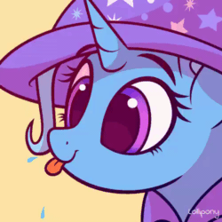 Size: 500x500 | Tagged: safe, artist:lollipony, part of a set, trixie (mlp), equine, fictional species, mammal, pony, unicorn, ambiguous form, friendship is magic, hasbro, my little pony, 1:1, 2d, 2d animation, animated, blowing raspberry, blue body, blue fur, blue hair, bust, cape, clothes, commission, cute, eye shimmer, eyebrows, eyelashes, female, fluff, fur, gif, hair, hat, horn, low res, mare, portrait, purple eyes, signature, silly, simple background, solo, solo female, stars, text, tongue, tongue out, ych result, yellow background