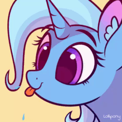 Size: 500x500 | Tagged: safe, alternate version, artist:lollipony, part of a set, trixie (mlp), equine, fictional species, mammal, pony, unicorn, ambiguous form, feral, friendship is magic, hasbro, my little pony, 1:1, 2d, 2d animation, animated, blue body, blue fur, blue hair, bust, commission, cute, ear fluff, eye shimmer, eyebrows, eyelashes, female, fluff, fur, gif, hair, low res, mare, portrait, purple eyes, raspberry, signature, silly, simple background, solo, solo female, text, tongue, tongue out, ych result, yellow background