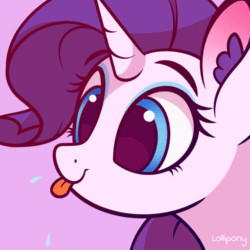 Size: 500x500 | Tagged: safe, artist:lollipony, part of a set, rarity (mlp), equine, fictional species, mammal, pony, unicorn, ambiguous form, friendship is magic, hasbro, my little pony, 1:1, 2d, 2d animation, animated, blowing raspberry, blue eyes, bust, cute, ear fluff, eyebrows, eyelashes, eyeshadow, female, fluff, fur, gif, hair, horn, low res, makeup, mare, portrait, purple background, purple hair, signature, silly, simple background, solo, solo female, text, tongue, tongue out, white body, white fur