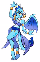 Size: 1348x2095 | Tagged: safe, artist:jamoart, princess ember (mlp), dragon, fictional species, western dragon, anthro, plantigrade anthro, friendship is magic, hasbro, my little pony, anklet, armlet, belly dancer, belly dancer outfit, blue scales, bracelet, breasts, clothes, curled horns, dancing, dragoness, eyebrows, eyelashes, female, horn jewelry, horns, jewelry, looking at you, midriff, one eye closed, pale belly, scales, simple background, solo, solo female, tail, tail tuft, topwear, webbed wings, white background, wings, winking