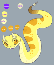 Size: 800x972 | Tagged: safe, artist:bowrll, oc, oc only, oc:bowrll, rattlesnake, reptile, snake, feral, 2011, color palette, colored tongue, cream body, cream scales, digital art, female, gray background, horns, open mouth, orange eyes, purple tongue, rattle (anatomy), reference sheet, simple background, slit pupils, solo, solo female, tongue, yellow body