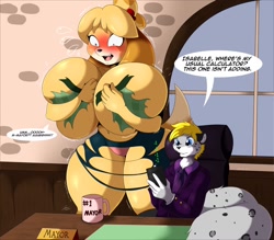Size: 1440x1260 | Tagged: suggestive, artist:suirano, isabelle (animal crossing), big cat, canine, dog, feline, leopard, mammal, shih tzu, anthro, animal crossing, nintendo, belly button, big breasts, black nose, blushing, breast expansion, breasts, calculator, chair, clothes, covering breasts, dialogue, digital art, duo, female, growth, huge breasts, indoors, male, mug, office, open mouth, panties, partial nudity, shocked, shocked expression, shrunken pupils, sitting, size difference, speech bubble, suit, table, tail, talking, text, thigh expansion, thighs, tongue, topless, torn clothes, underwear, wide hips, window