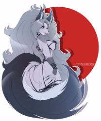 Size: 3408x4096 | Tagged: safe, artist:kokobuttz, loona (vivzmind), canine, fictional species, hellhound, mammal, anthro, hazbin hotel, helluva boss, big breasts, breasts, butt, choker, female, harness, high res, raspberry, red eyes, solo, solo female, spiked choker, straps, tack, tongue, tongue out