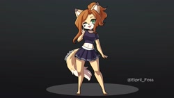 Size: 3840x2160 | Tagged: safe, artist:kinkymation, oc, oc only, oc:elisabeth (eipril), cat, feline, mammal, anthro, plantigrade anthro, 16:9, belly button, bottomwear, chibi, clothes, crop top, cropped shirt, female, green eyes, high res, looking at you, midriff, one eye closed, shirt, skirt, smiling, solo, solo female, topwear, wallpaper, winking