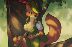 Size: 900x586 | Tagged: safe, artist:sixthleafclover, robin hood (robin hood), anthro, disney, robin hood (disney), big breasts, blue eyes, bow (weapon), breasts, chest fluff, cleavage, clothes, female, fluff, rule 63, smiling, solo, solo female, weapon