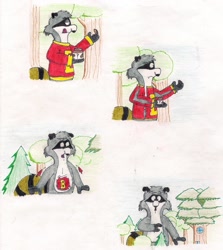 Size: 1552x1741 | Tagged: safe, artist:brubadger, bert raccoon (the raccoons), mammal, procyonid, raccoon, anthro, the raccoons (series), macro, male, sequence