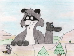 Size: 1189x914 | Tagged: safe, artist:brubadger, bert raccoon (the raccoons), melissa raccoon (the raccoons), ralph raccoon (the raccoons), mammal, procyonid, raccoon, anthro, the raccoons (series), female, friendly giant, macro, male, the raccoons