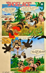 Size: 1280x2007 | Tagged: safe, artist:houseofusher01, bentley raccoon (the raccoons), bert raccoon (the raccoons), lisa raccoon (the raccoons), mammal, procyonid, raccoon, anthro, the raccoons (series), brown body, brown fur, clothes, comic, conifer tree, female, fur, grass, height reduction, irl, male, open mouth, outdoors, oversized clothes, photo, photographed artwork, playing, ringtail, tail, the raccoons, tongue, traditional art, tree