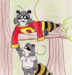 Size: 863x908 | Tagged: safe, artist:brubadger, bentley raccoon (the raccoons), bert raccoon (the raccoons), mammal, procyonid, raccoon, anthro, the raccoons (series), age regression, male