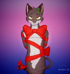 Size: 2748x2894 | Tagged: safe, artist:matixcs, oc, oc only, oc:sinclair (catto irl), feline, mammal, anthro, 2020, amber eyes, arms behind back, bedroom eyes, bondage, bow, brown body, brown fur, cheek fluff, ears, eyebrows, featureless crotch, fluff, front view, fur, gradient background, head fluff, high res, holly, looking at you, male, pink eyes, present, pubic fluff, restrained arms, ribbon, signature, smiling, solo, solo male, standing, tail, white body, white fur