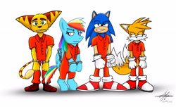 Size: 3744x2279 | Tagged: safe, artist:joako_fargo, miles "tails" prower (sonic), rainbow dash (mlp), ratchet (r&c), sonic the hedgehog (sonic), canine, equine, fictional species, fox, hedgehog, lombax, mammal, pegasus, pony, red fox, anthro, plantigrade anthro, unguligrade anthro, friendship is magic, hasbro, my little pony, ratchet & clank, sega, sonic the hedgehog (series), anthrofied, bondage, bound wings, chains, clothes, crossover, cuffs, dipstick tail, female, fluff, high res, hooves, male, mare, multiple tails, nervous, orange tail, prison outfit, quills, tail, tail fluff, two tails, white tail, wings