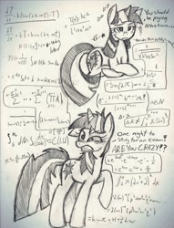 Size: 1280x1679 | Tagged: safe, artist:wirelesspony, twilight sparkle (mlp), equine, fictional species, mammal, pony, unicorn, feral, friendship is magic, hasbro, my little pony, calculus, doodle, female, mare, math, monochrome, solo, solo female, traditional art
