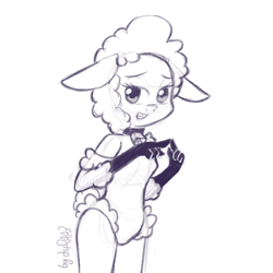 Size: 1024x1024 | Tagged: safe, artist:dsp2003, leggy lamb (droopy), bovid, caprine, lamb, mammal, sheep, anthro, droopy (series), bedroom eyes, bell, bell collar, clothes, collar, female, front view, gift art, leotard, looking at you, monochrome, open mouth, signature, simple background, smiling, solo, solo female, standing, tex avery, three-quarter view, white background, wool