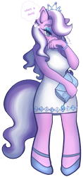 Size: 357x755 | Tagged: safe, artist:cynthanasia, diamond tiara (mlp), earth pony, equine, fictional species, mammal, pony, anthro, unguligrade anthro, friendship is magic, hasbro, my little pony, 2019, anthrofied, bracelet, clothes, cute, dress, female, hooves, jewelry, mare, older, purse, solo, solo female, teenager, tiara