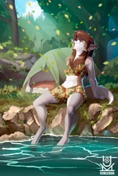 Size: 2000x3000 | Tagged: safe, artist:rublegun, oc, oc only, canine, mammal, wolf, anthro, digitigrade anthro, amber eyes, belly fluff, black nose, bottomwear, brown body, brown fur, brown hair, camping, cheek fluff, clothes, crop top, detailed background, female, fluff, forest, fur, gray body, gray fur, hair, high res, leaf, leg fluff, looking up, midriff, outdoors, shorts, shoulder fluff, sitting, solo, solo female, tail, tail fluff, tank top, tent, toe claws, topwear, water, white body, white fur