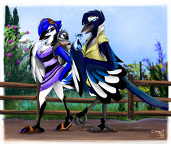 Size: 1280x1080 | Tagged: safe, artist:corrvo, bird, blue jay, corvid, dinosaur, jay, songbird, anthro, ambiguous gender, clothes, feathered wings, feathers, female, group, male, plains, plushie, scenery, tail, tail feathers, trio, wing hands, wings, young