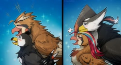 Size: 1280x691 | Tagged: safe, artist:solutarou, bird, fictional species, pidgeot, pidgeotto, songbird, staraptor, starly, feral, nintendo, pokémon, abstract background, ambiguous gender, beak, black feathers, blushing, brown feathers, comic, cream feathers, duo, eyes closed, feathers, fluff, folded wings, neck fluff, open beak, open mouth, pink body, side view, white feathers, wings, yellow body