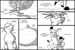Size: 1280x853 | Tagged: safe, artist:kellerkangaroo, canine, dragon, fictional species, lagomorph, mammal, rabbit, reptile, scaled dragon, anthro, comic:the final battle comes, ambiguous gender, bust, car, city, clothes, destruction, dialogue, group, hyper, hyper belly, macro, mawshot, object swallowing, open mouth, oral vore, scenery, talking, throat bulge, vore