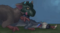 Size: 1280x720 | Tagged: safe, artist:owashi, trico (the last guardian), bird, feline, fictional species, gryphon, human, mammal, feral, comic:game over, the last guardian (game), ambiguous gender, group, licking, licking lips, macro, male, tongue, tongue out, trio